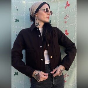 Sun Love Stitches Brown Boiled Wool Crop Chore Coat — Medium